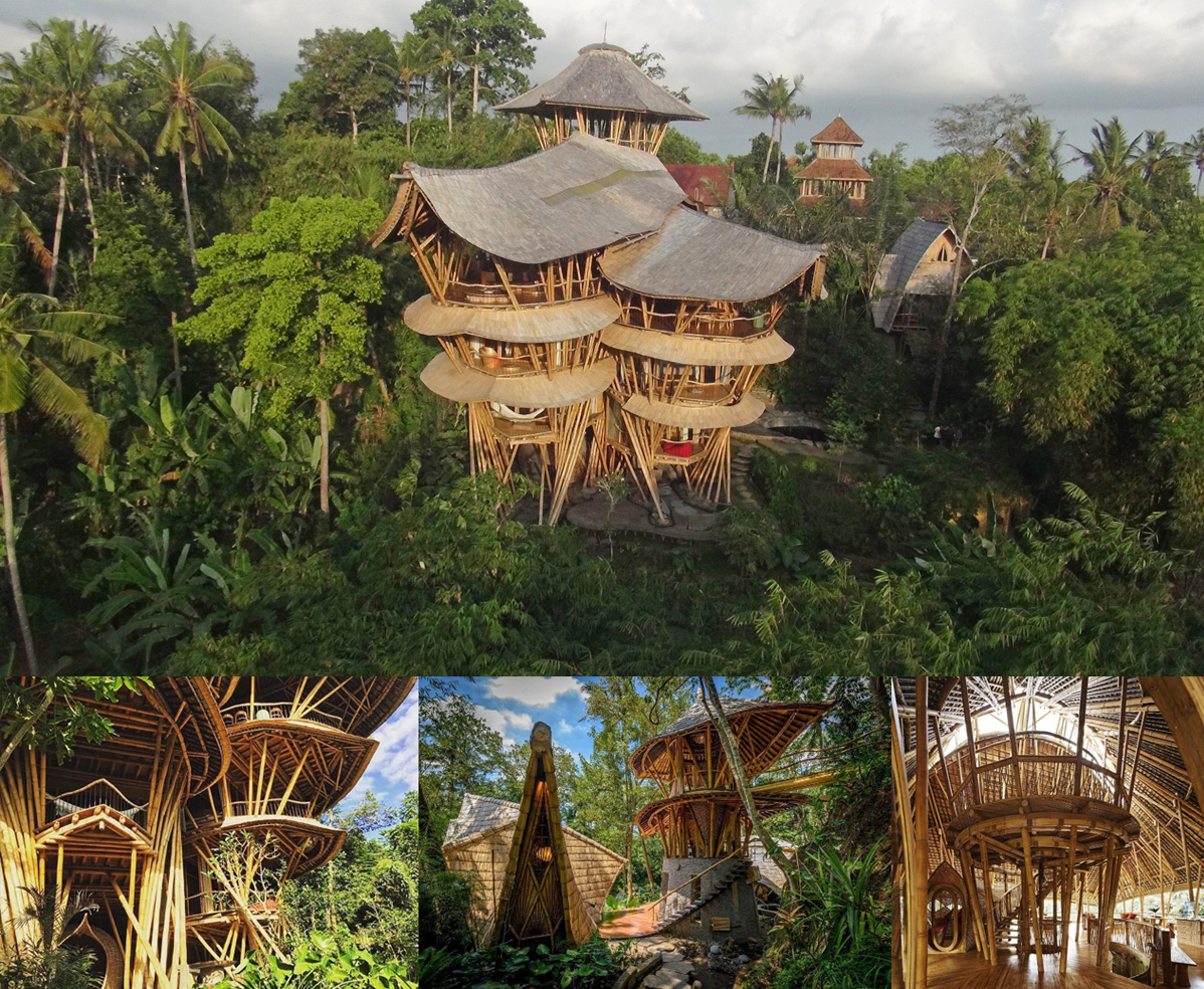 A selection of works by Ibuku built almost entirely from bamboo