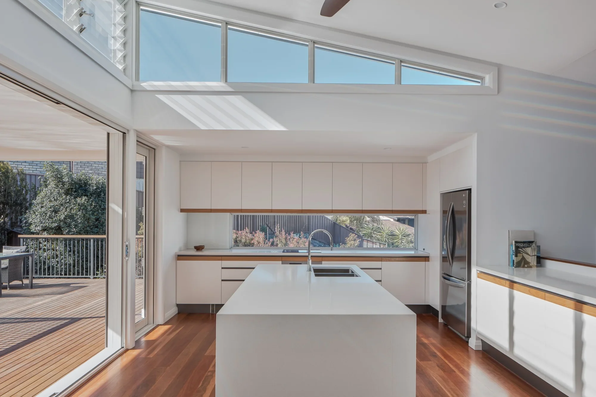 Open plan kitchen with skylight and natural light