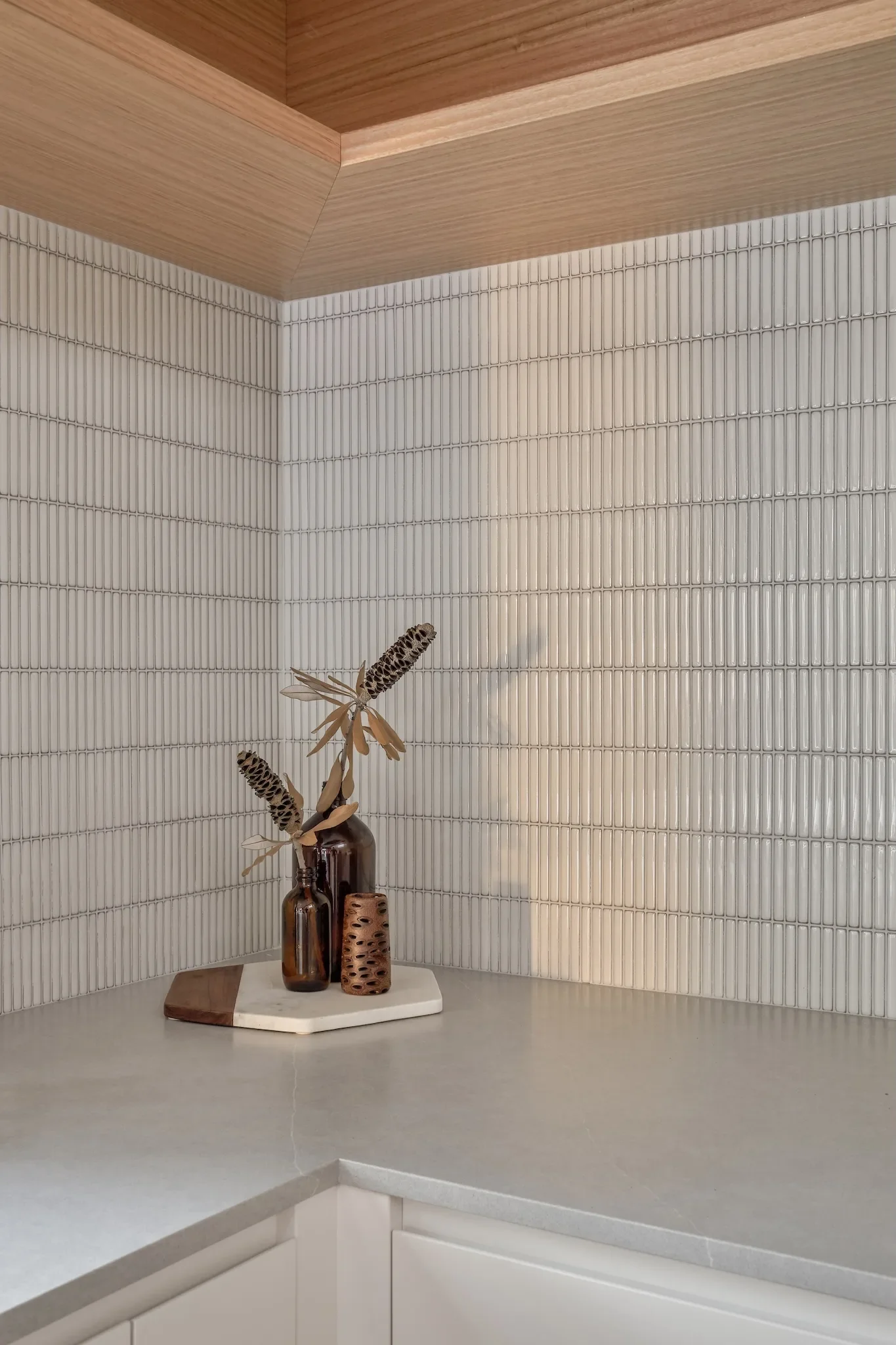 Renovated kitchen details and tiles of a Pettit and Sevitt home