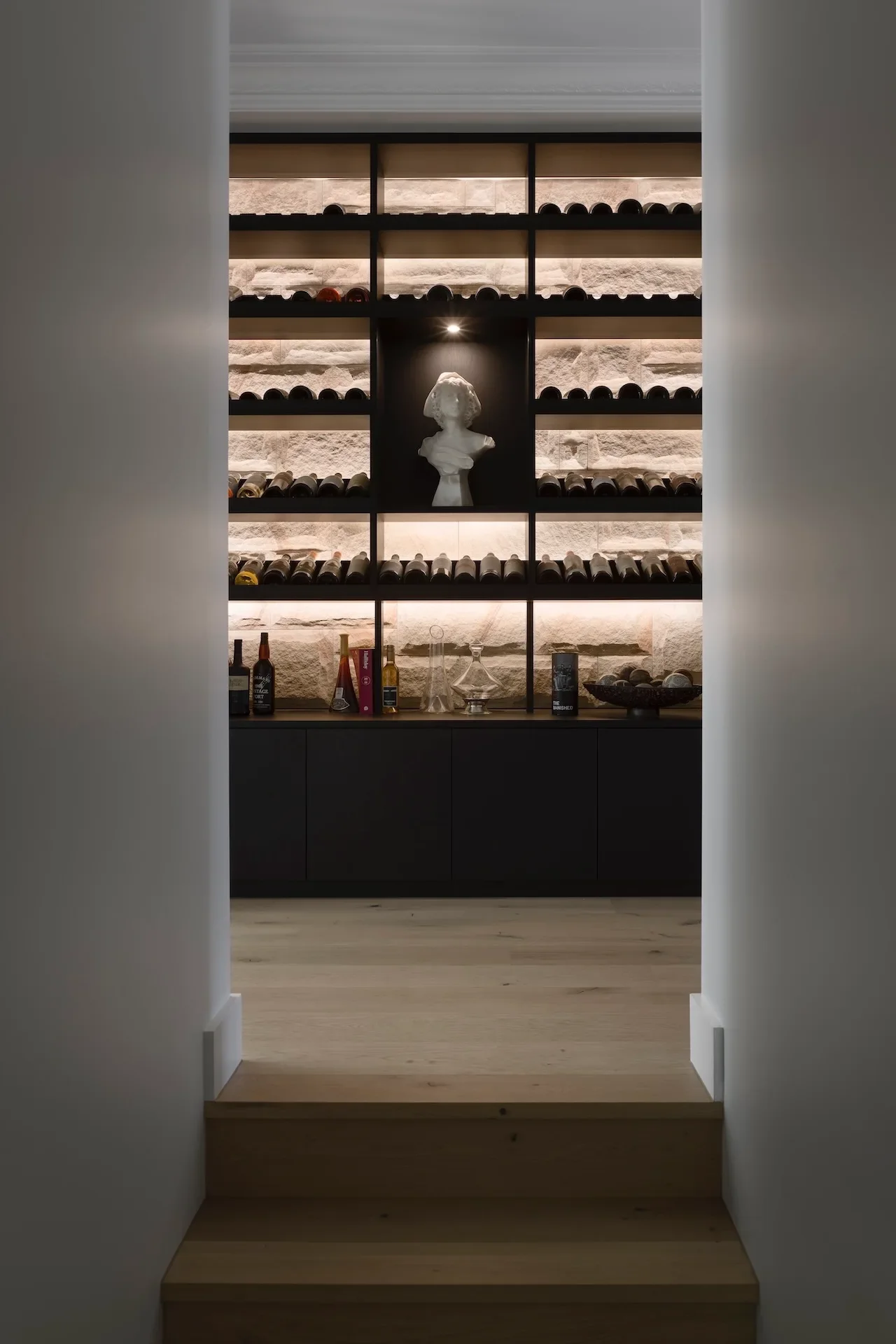 Custom wine cellar interior detail in Clontarf home