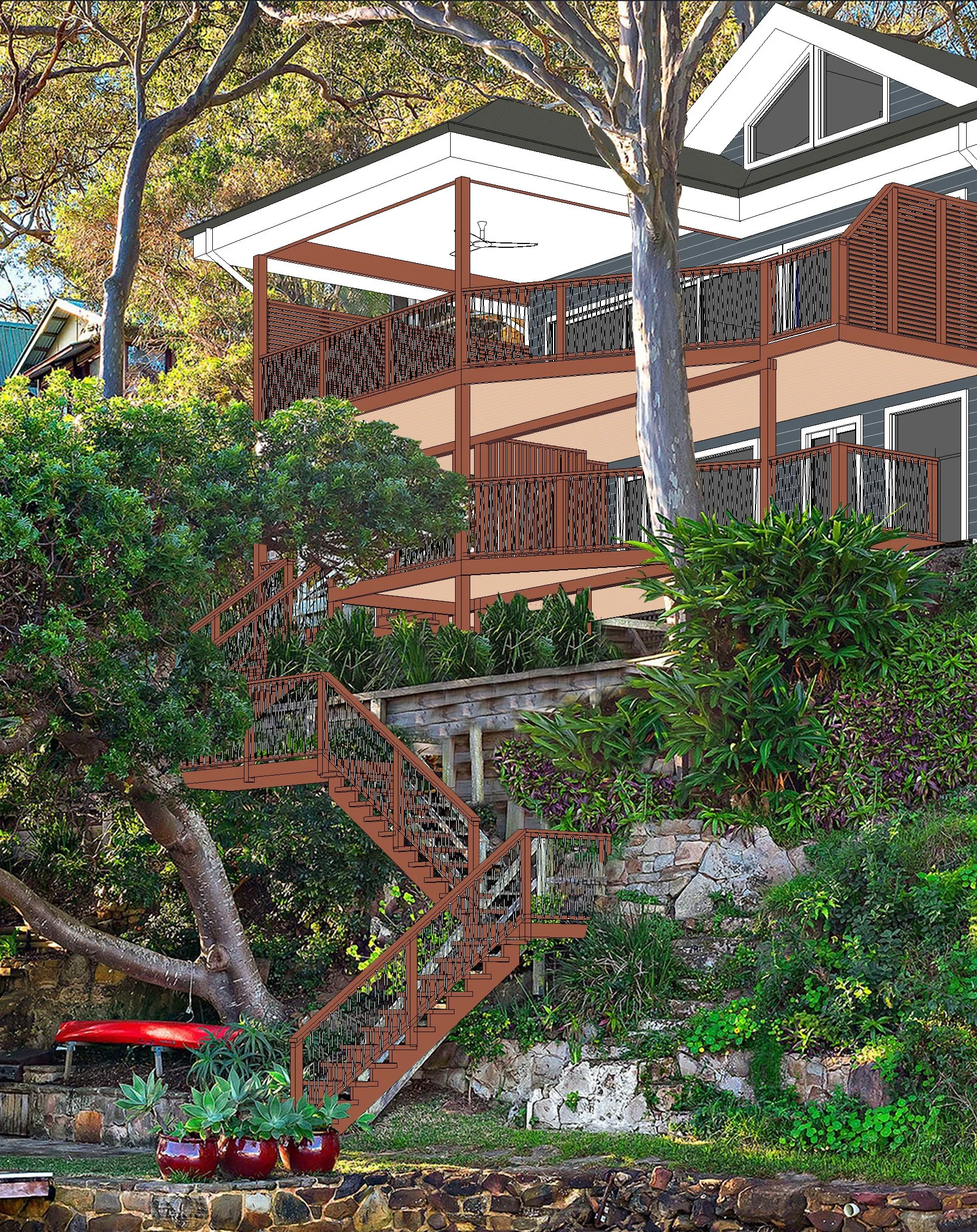 Waterfront balcony addition on Scotland Island house