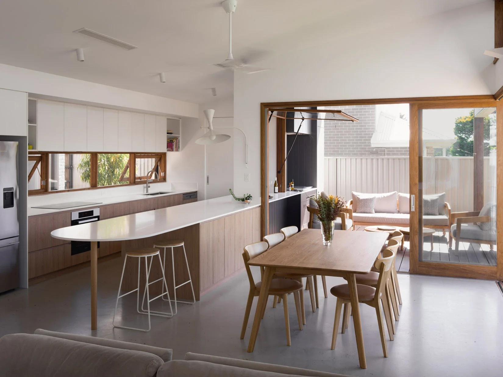 Open plan kitchen and living in pavilion home