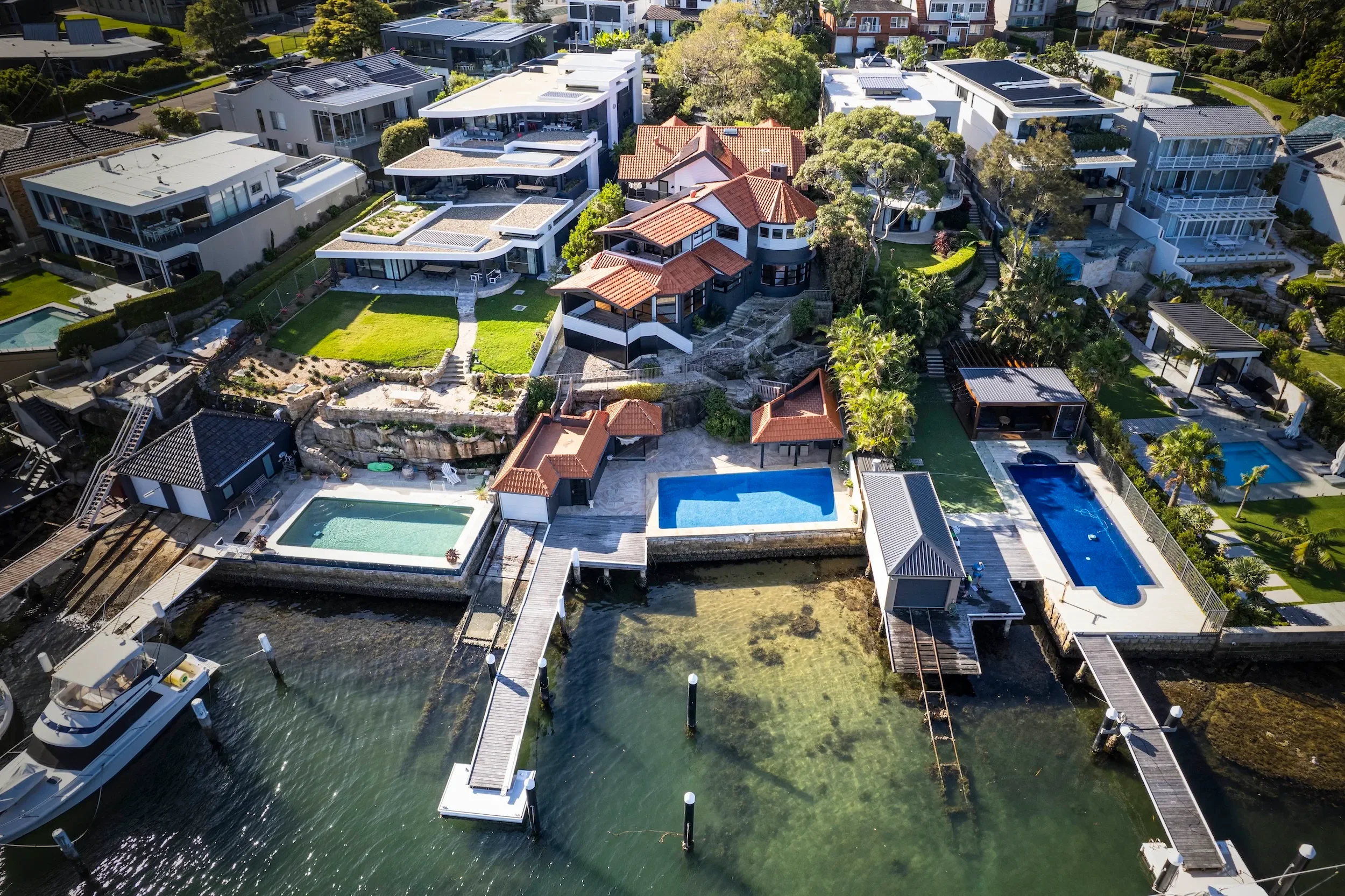 Aerial view of waterfront renovated home in Gunnamatta Bay