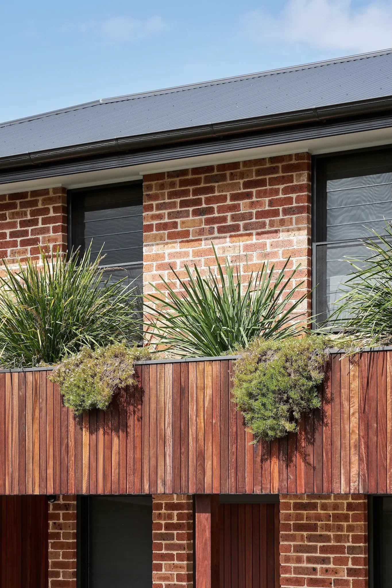 Timber screen detail softening brick facade