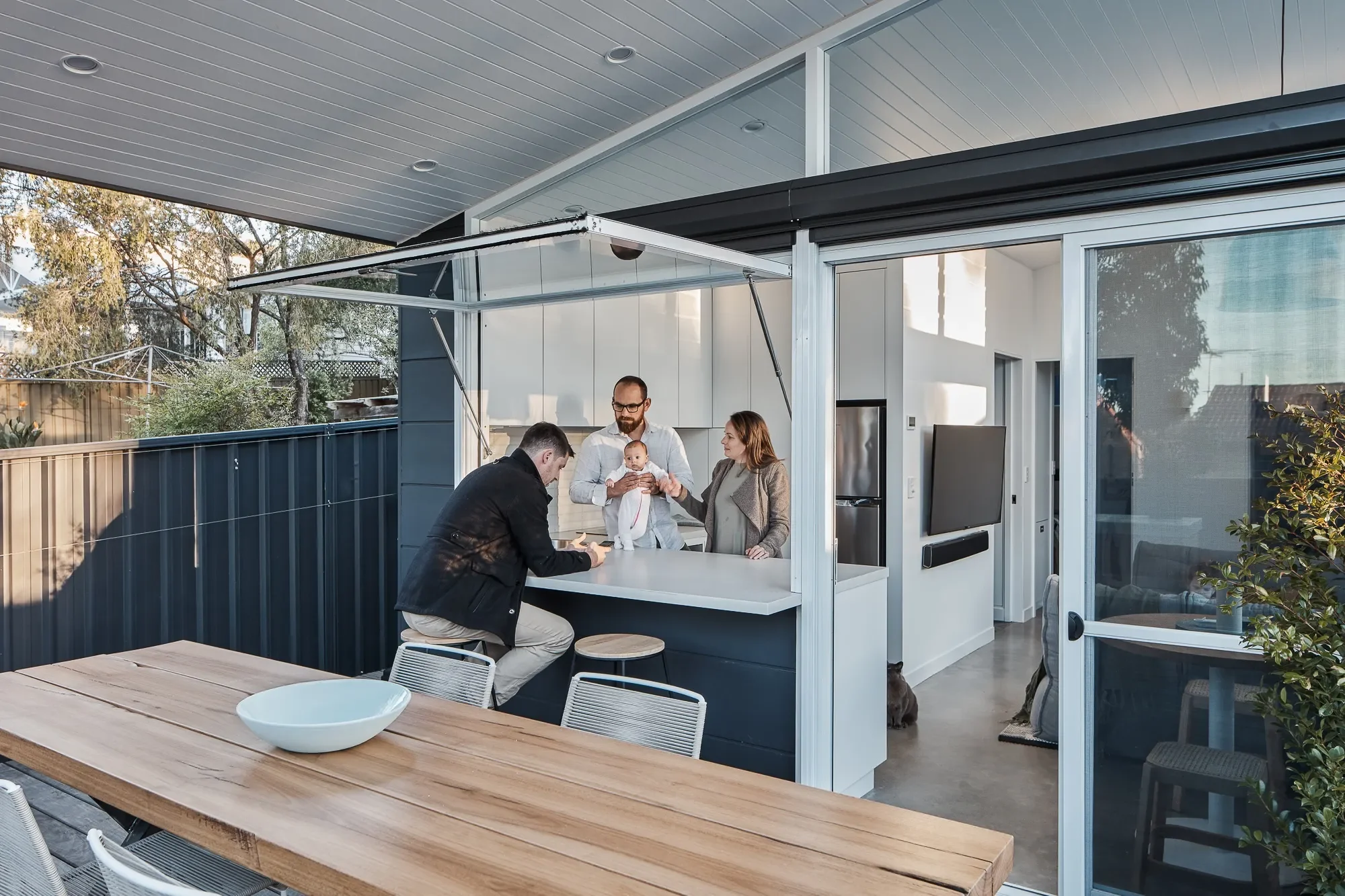 Family outdoor living space in tiny home