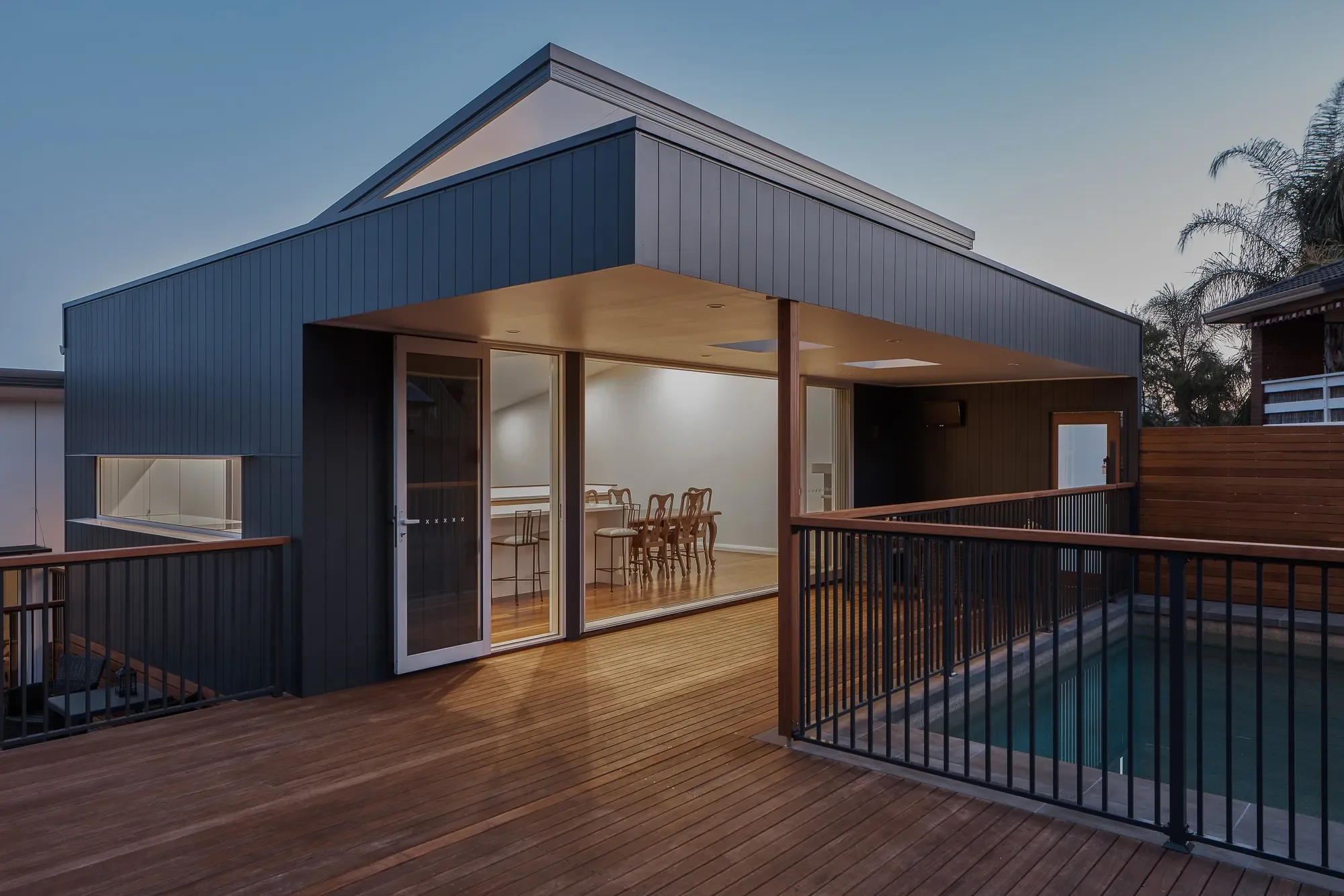 Timber deck balcony with evening light