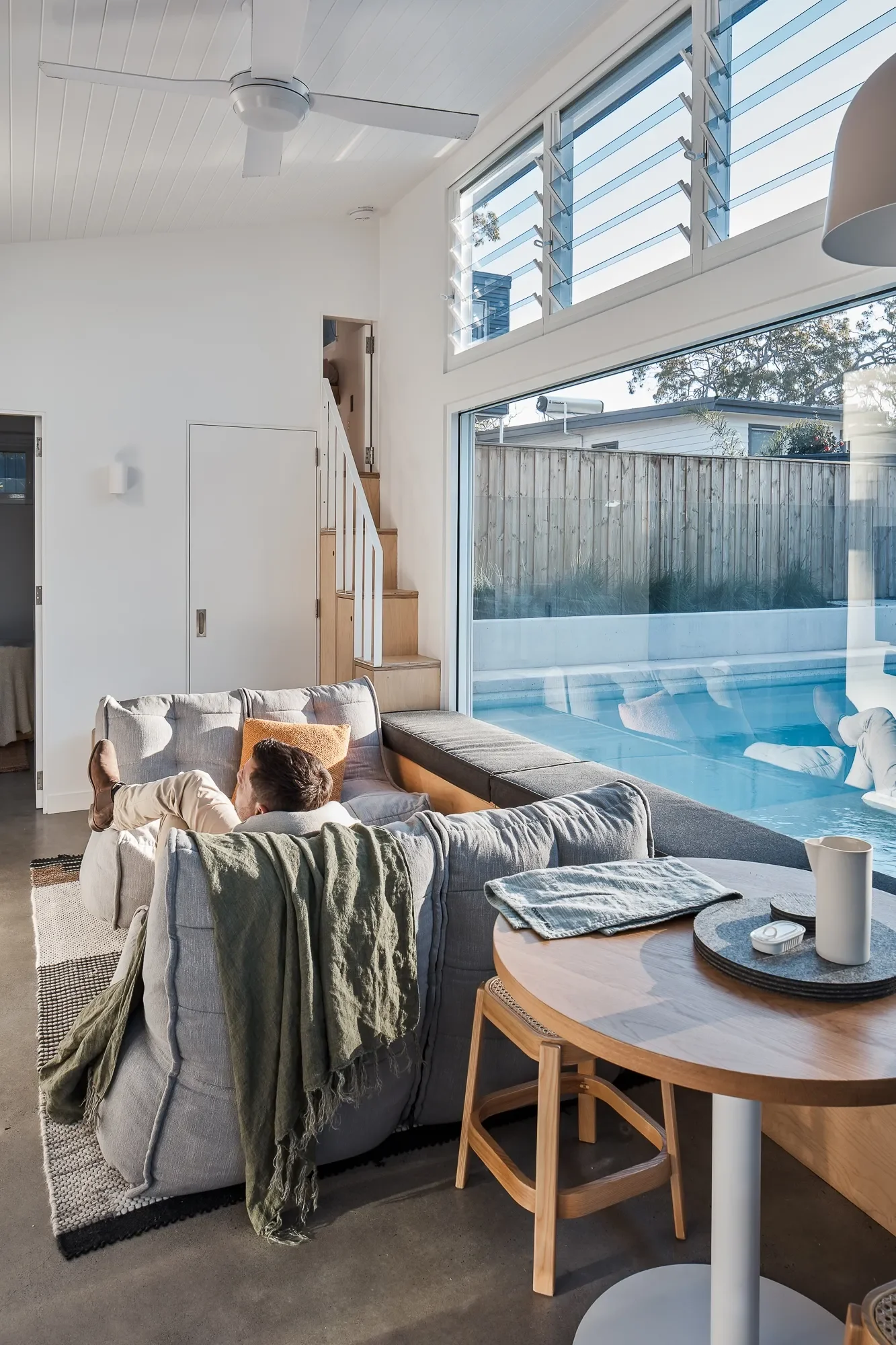 Compact living and dining spaces in tiny home