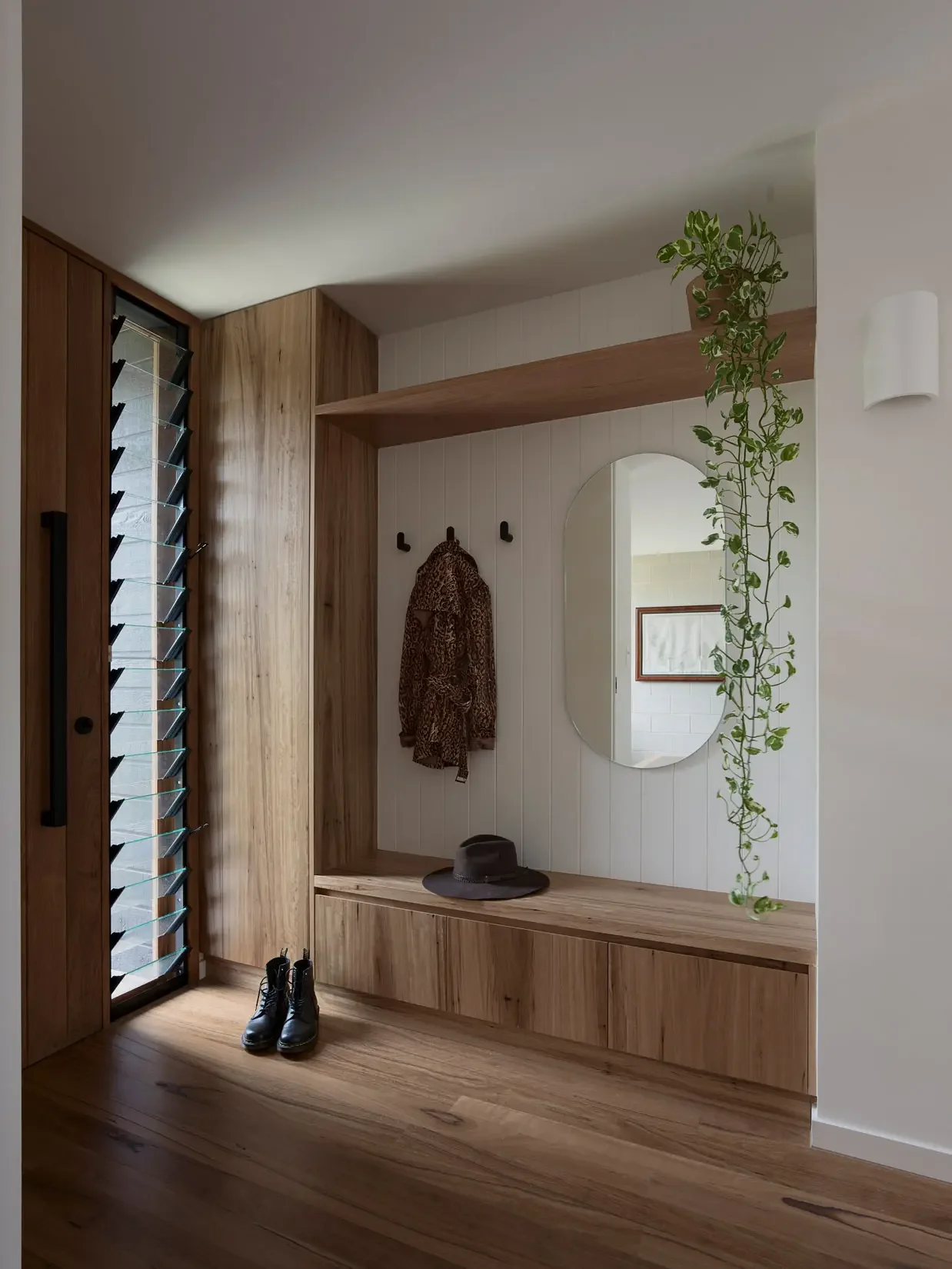 Timber entry hallway interior at Beela House