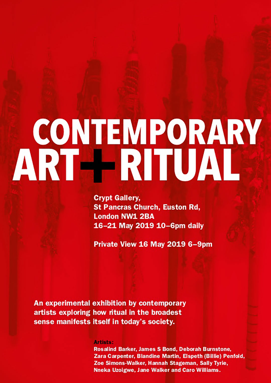 Contemporary Art + Ritual is an artist-led experimental exhibition exploring ritual in the broadest sense in today’s society. Encompassing sound, light, word via dust, wood, thread and more the show reveals ritual to be an expression of human life that is undergoing a process of constant reinvention. The Crypt’s atmospheric brick vaulted corridors will take the viewer on a journey through healing, wishing, weaving, walking, cleaning, carving, folding, painting. A giant gold chain fashioned from bread snakes across the floor of a dark vault, two spectral life-sized figures made of dust hang from the ceiling, a ghostly woman conjures magpies from nowhere. In one chamber metal boxes emit birdsong reminding us of the passage of daily life, and in another hundreds of wishes are beamed out into the darkness. The show is curated by artists Caro Williams and Deborah Burnstone. Artists: Rosalind Barker , James S Bond , Deborah Burnstone , Zara Carpente r , Blandi ne Martin , Elsp eth (Billie) Penfol d, Zoe Simons-Walker , Hannah Stageman , Sally Tyrie , Nn eka Uzoigwe , Jane Walker and Caro W illiams . Additional details: https://artandritual.wixsite.com/mysite/artists + http://cryptgallery.org/events/ Exhibition Artwork created by Bob Mytton http://myttonwilliams.co.uk