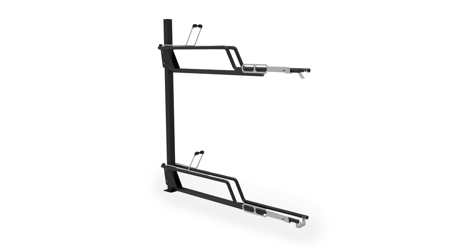 A two-high bike rack built on a single post.