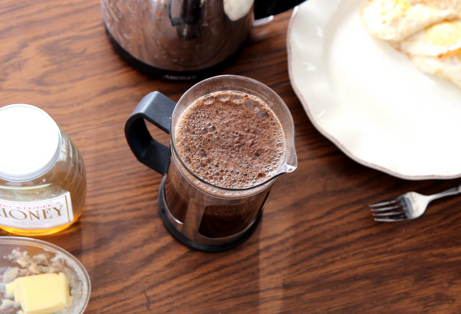 Our trusty French press, blooming away.