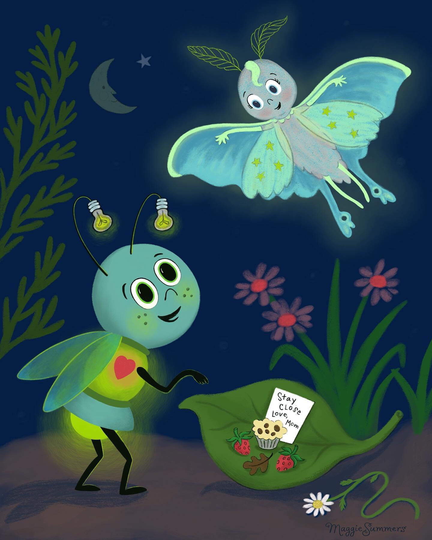 My final for week one of the @makeartthatsells Illustrating Children&rsquo;s Book course with delightful story written by @zoe_tucker_design. I&rsquo;m having a wonderful time exploring characters Lampy the firefly and Luna the moth, who love to take