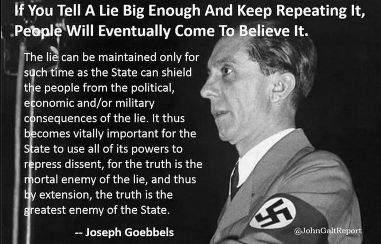 Si vous dites un mensonge assez gros et continuez à le répéter, les gens finiront par le croire.  Le mensonge ne peut être maintenu que pendant un certain temps car l'État peut protéger le peuple des conséquences politiques, économiques et / ou mili…