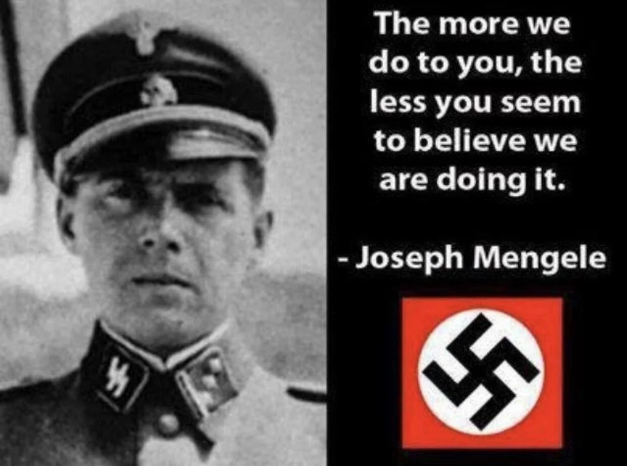 Plus nous vous en faisons, moins vous semblez croire que nous le faisons.  Joseph Mengele Je mehr wir Ihnen antun, desto weniger scheinen Sie zu glauben, dass wir es tun.  Joseph Mengele