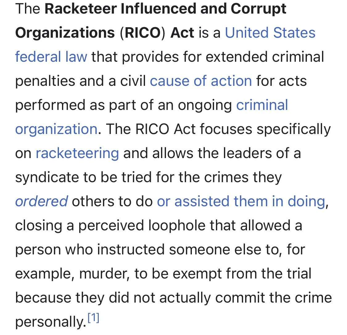 The Racketeer Influenced and Corrupt Organizations (RICO) Act is a United States federal law that provides for extended criminal penalties and a civil cause of action for acts performed as part of an ongoing criminal organization. The RICO Act focus…