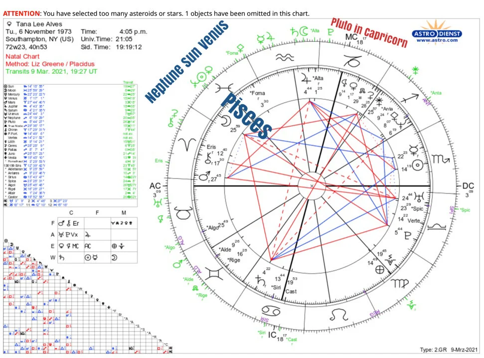 The Pluto in Capricorn transit is over my 10th house of career, which is ruled by Saturn. The current alignment of Neptune (spirit), Sun (attention), and Venus (art, money) is in Pisces which is ruled by Neptune. This is happening near my natal Moon…