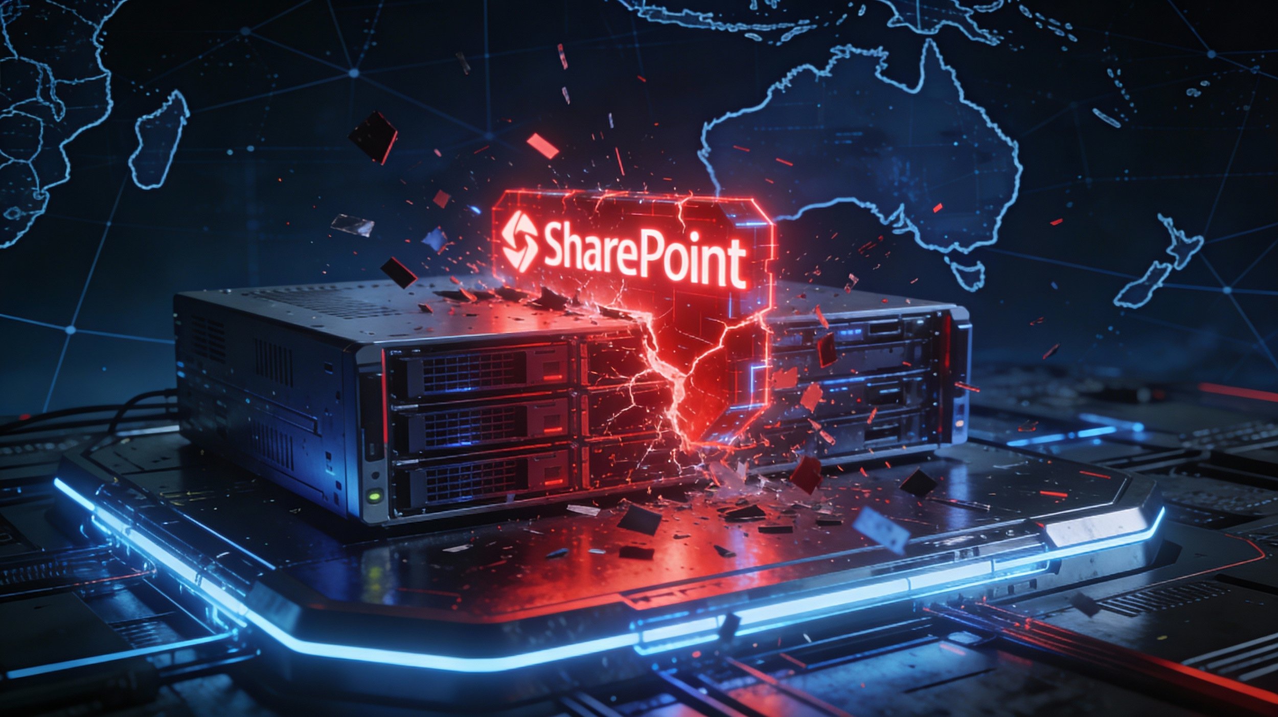 Abstract representation of critical vulnerabilities in on-premises SharePoint environments across Australian organisations.