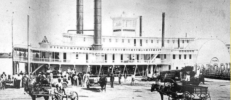 The Frank Pargoud steamboat. John W. Tobin named the J. F. Pargoud after planter and Confederate Civil War General Frank Pargoud. The bell can be seen here perched atop the upper deck of the Frank Pargoud. 
