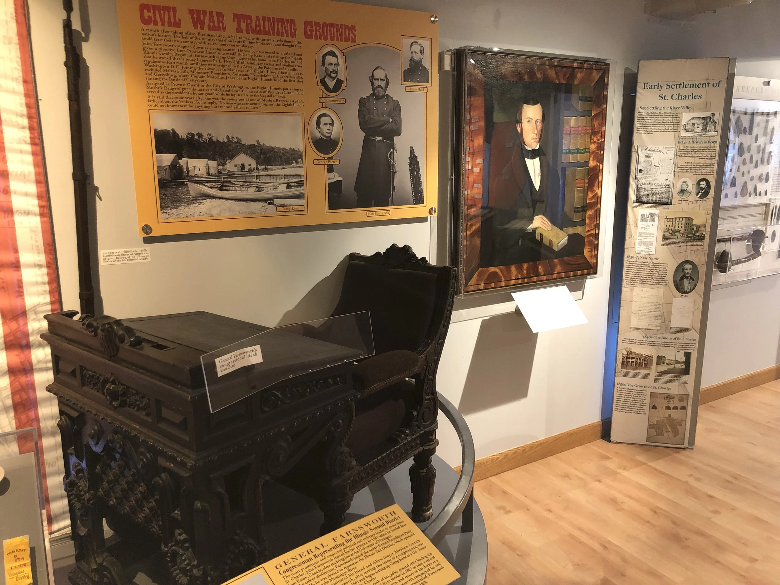 Two artifacts that serve as St. Charles connection to the Civil War and freedom seeking movement of the mid-1800s: the congressional desk of U.S. Representative John Farnsworth and the portrait of S.S. Jones painted by Sheldon Peck.