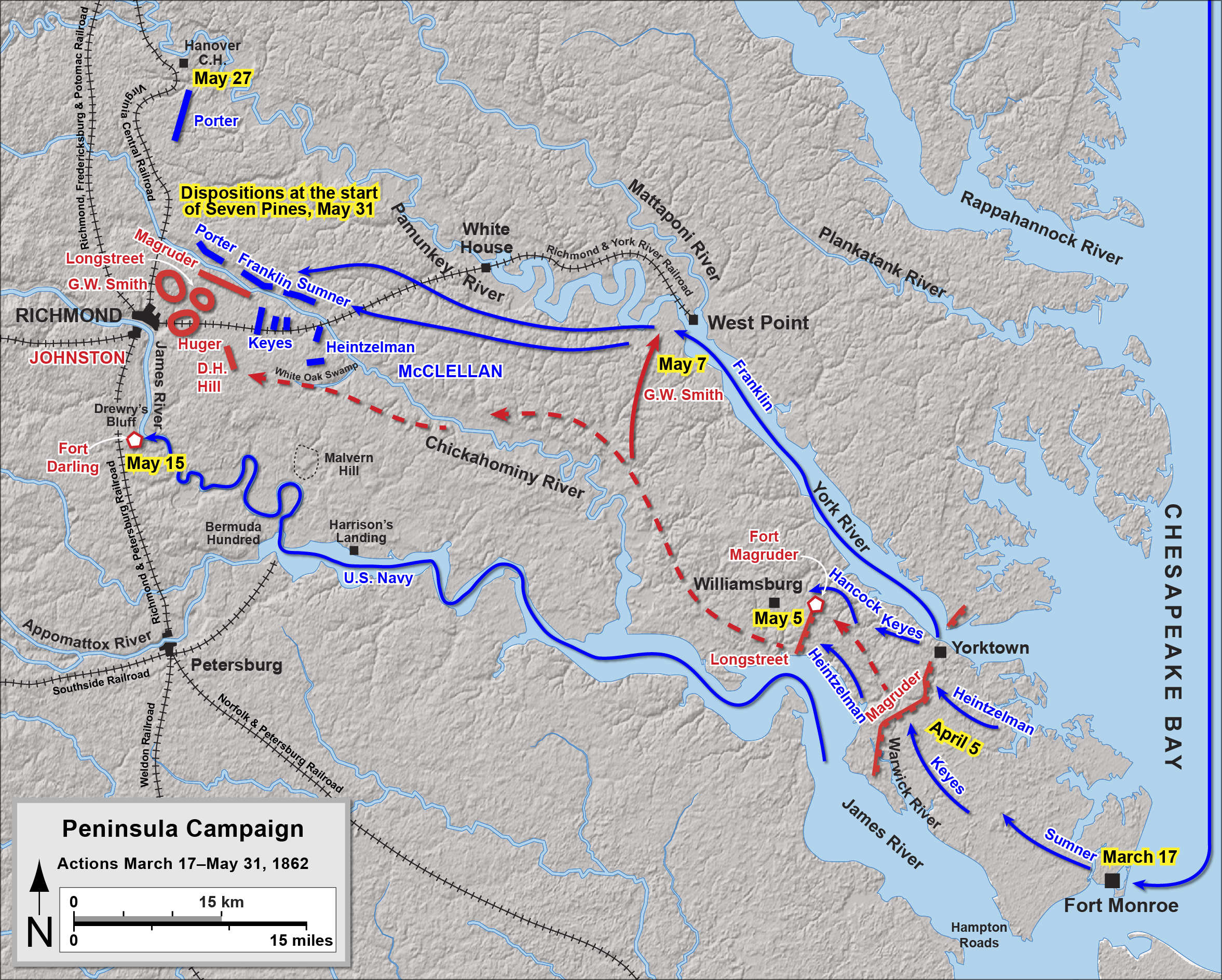 Map of the Peninsula Campaign up to the Battle of Seven Pines . Drawn by Hal Jespersen in Adobe Illustrator CS5. Graphic source file is available at http://cwmaps.com/
