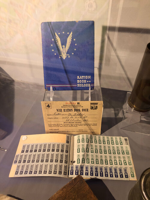 A pair of ration books issued to St. Charles resident Lillian Oakes during World War II on display at the St. Charles History Museum . These books were commonly used to limit the amount of food and resources consumed during the war to help support soldiers on the front lines.