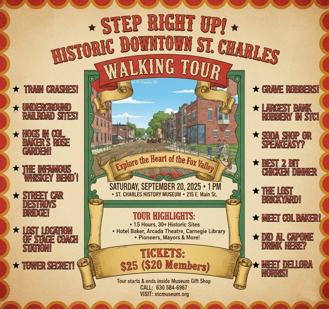 Coming up on September 20th. This will be the LAST walking tour this summer!

Want a guided tour for your club, group, or reunion event? Contact the museum at 630-584-6967. Custom stops and information to meet your needs! 

We can even do a VIRTUAL w