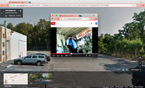 Óscar Díaz odiaz@alumni.berklee.edu " Down Suffolk Ave // 2015 // 20 minutes // Virtual International Exchange Down Suffolk Ave is a documentary performance which is usually done lecture style with a large projection of a computer screen, but has been adapted for VIX to be performed via periscope. A trip down Suffolk Ave in B-wood via google street view. Architecture is activated through improvised narration, poetry, footage and music. The starting location being my mother’s first job in the U.S at a centro de llamadas to the final location being the old building of the Salvadoran Consulate. Down Suffolk Ave takes materials from an earlier photography piece Slipwood Center ."