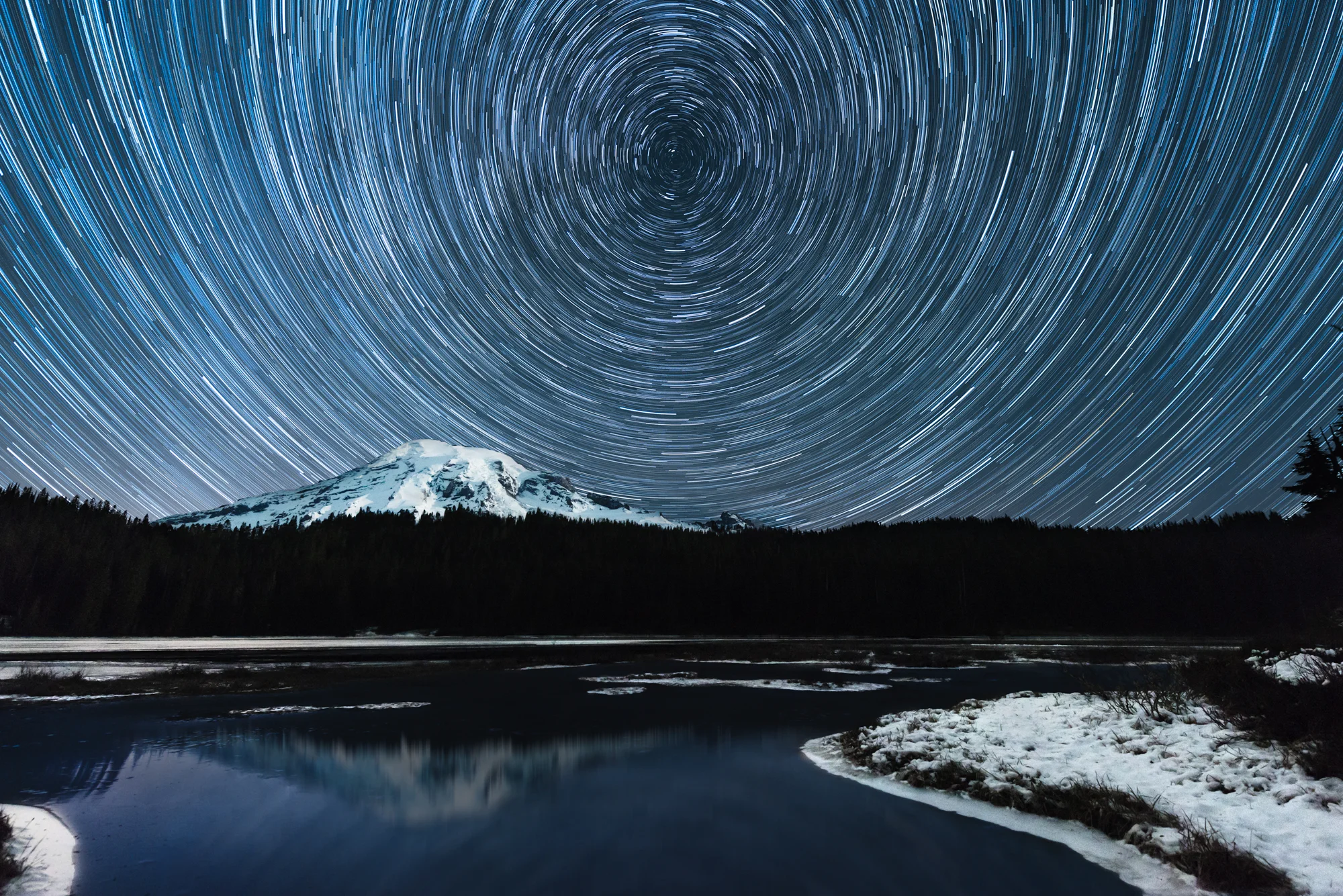 (Click image to enlarge) Starry Night at Reflection Lake Mount Rainier, Paradise, Washington 20x30 High gloss metal print with custom shadow mount and hanging wire.