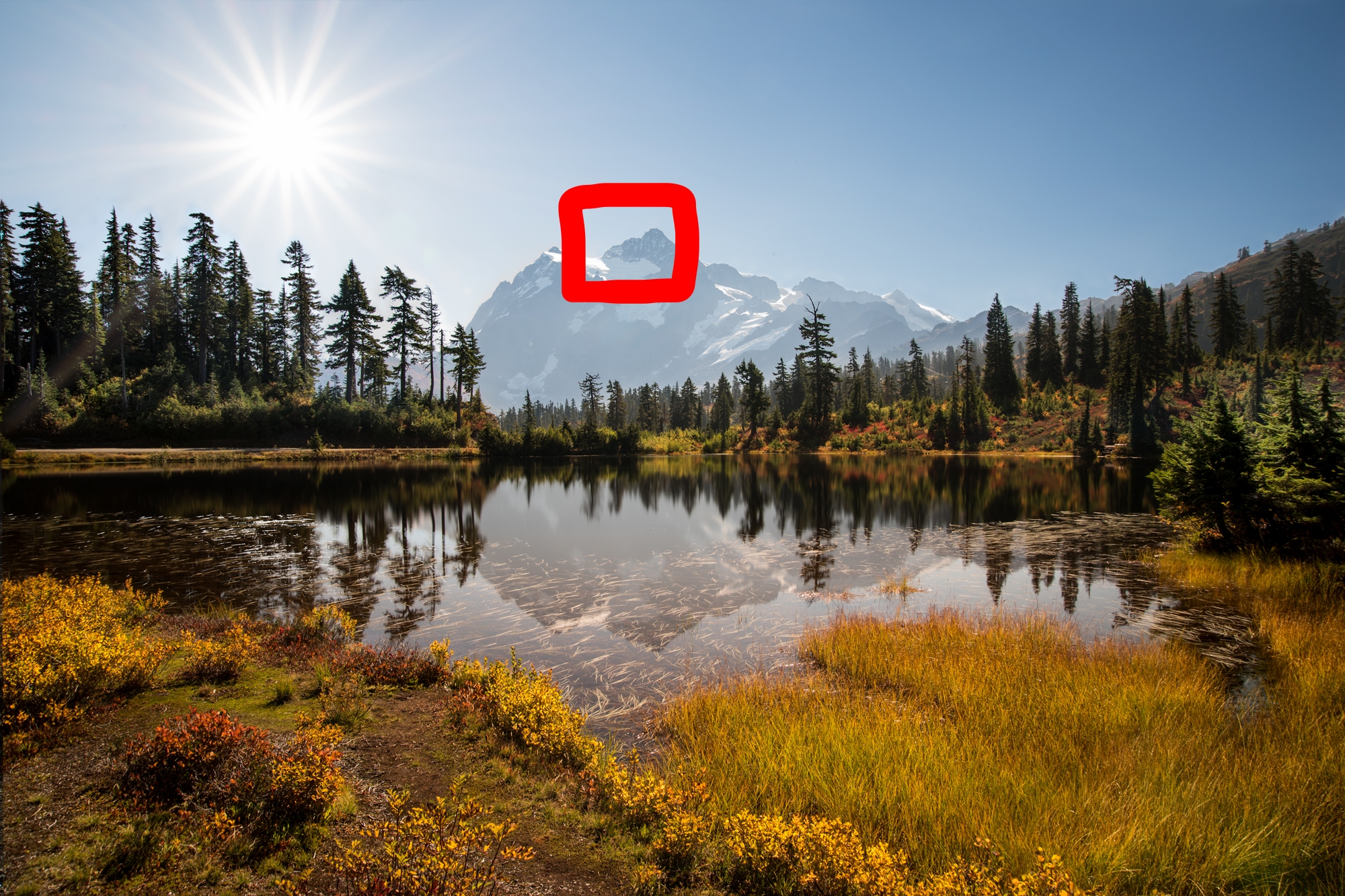 Figure 2: Mount Shuksan from Picture Lake. The red outline represents the peak used as the foreground during the blood moon shown in Figure 4.