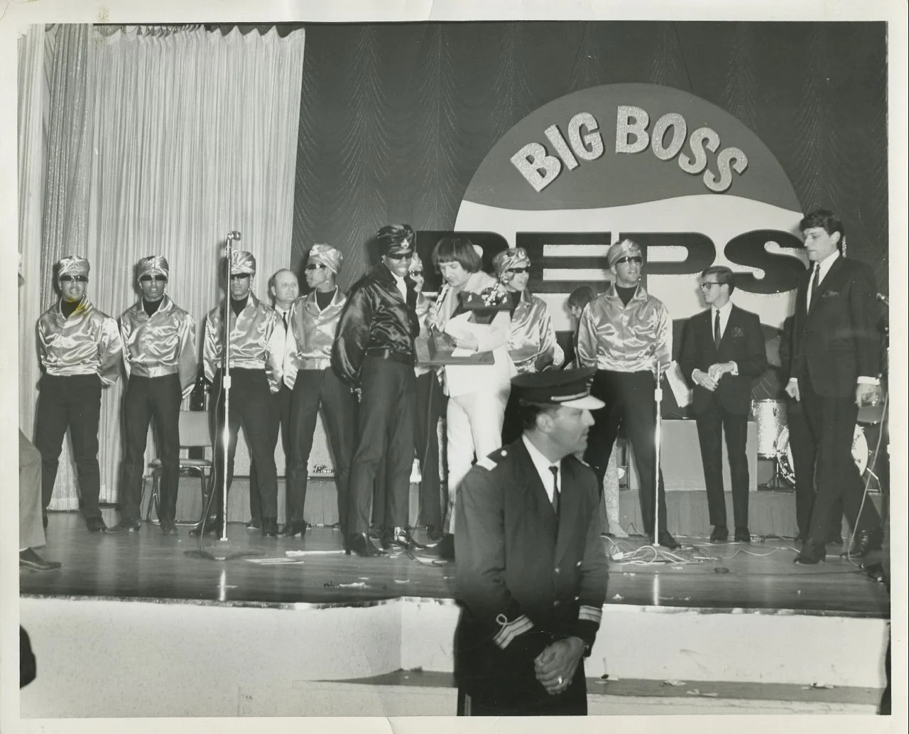 Sonny Bono presents the Teen Turbans with the top prize at the KHJ Pepsi Big Boss Battle of the Bands, 1966. I am directly behind Sonny Bono, to the right.