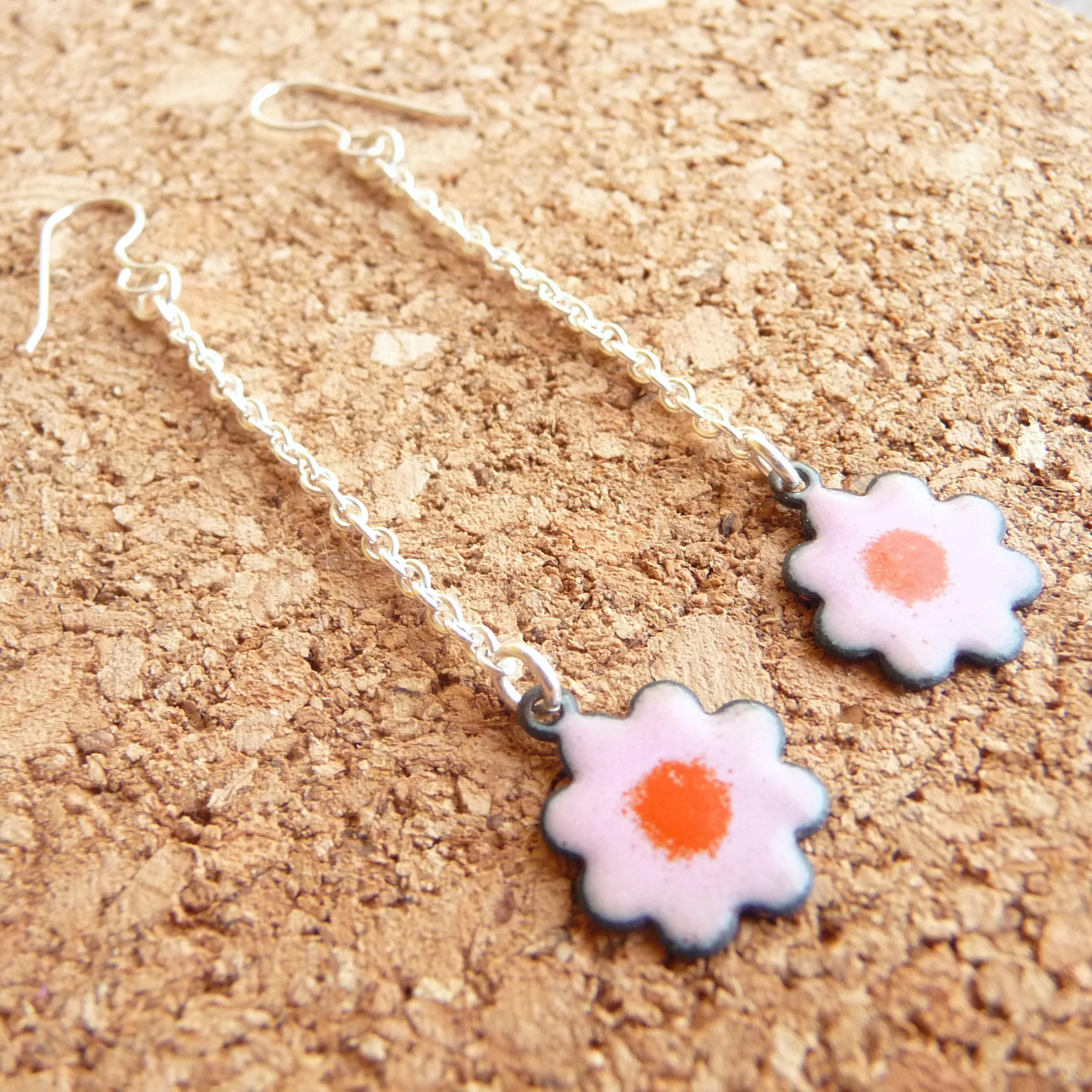 Long Dangle Pink and Orange Flower Earrings