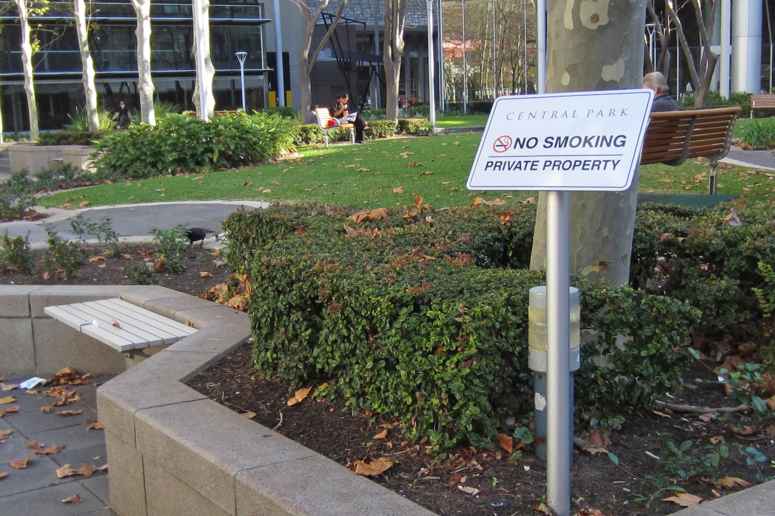 Fig 13: Central Park tower forecourt in Perth, with a sign displaying the ‘rules’ of entry