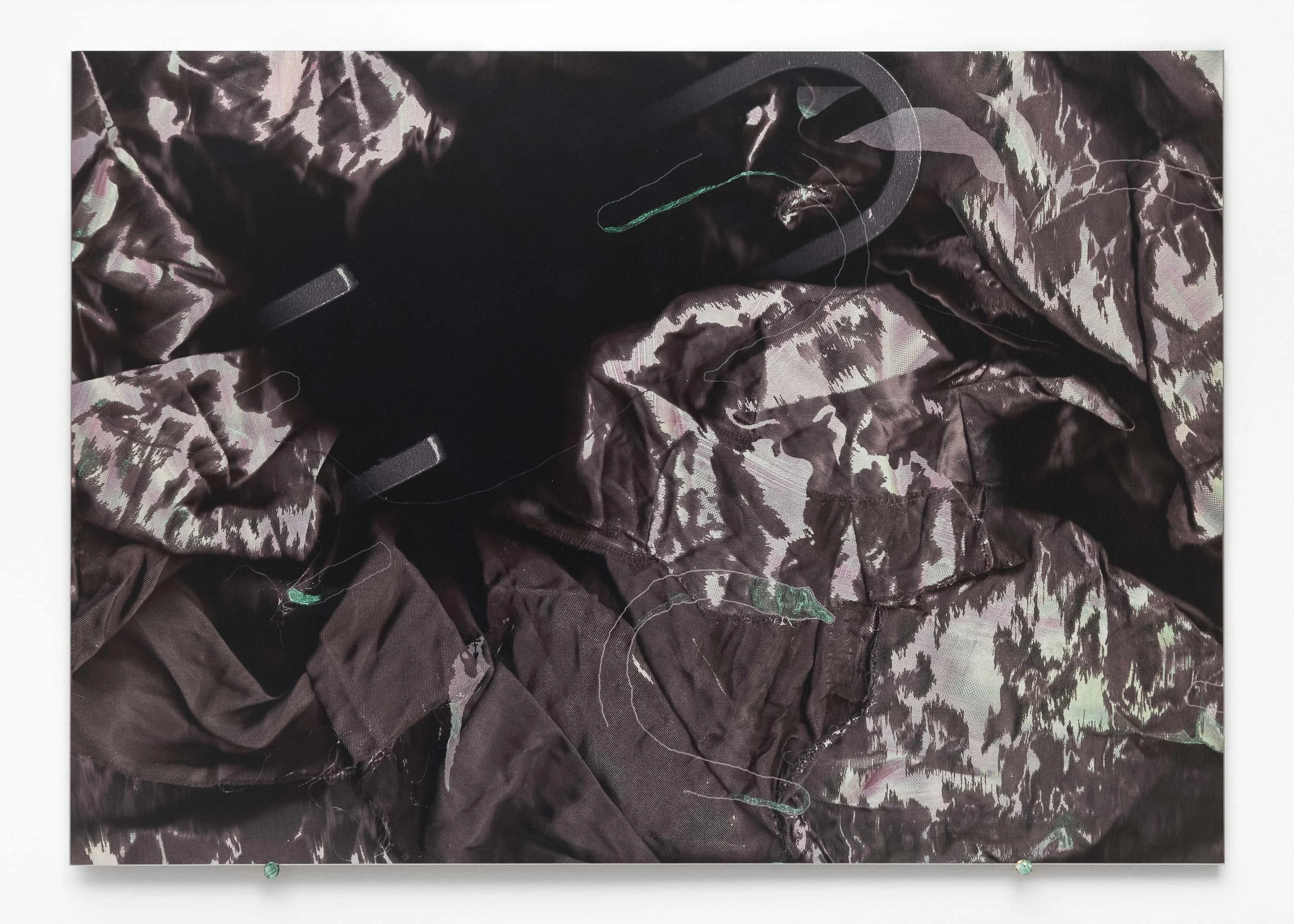 No Hands, iridescent paint and dye-sublimation print on brushed aluminium, 30 x 42cm Photo: Docqment Enquire