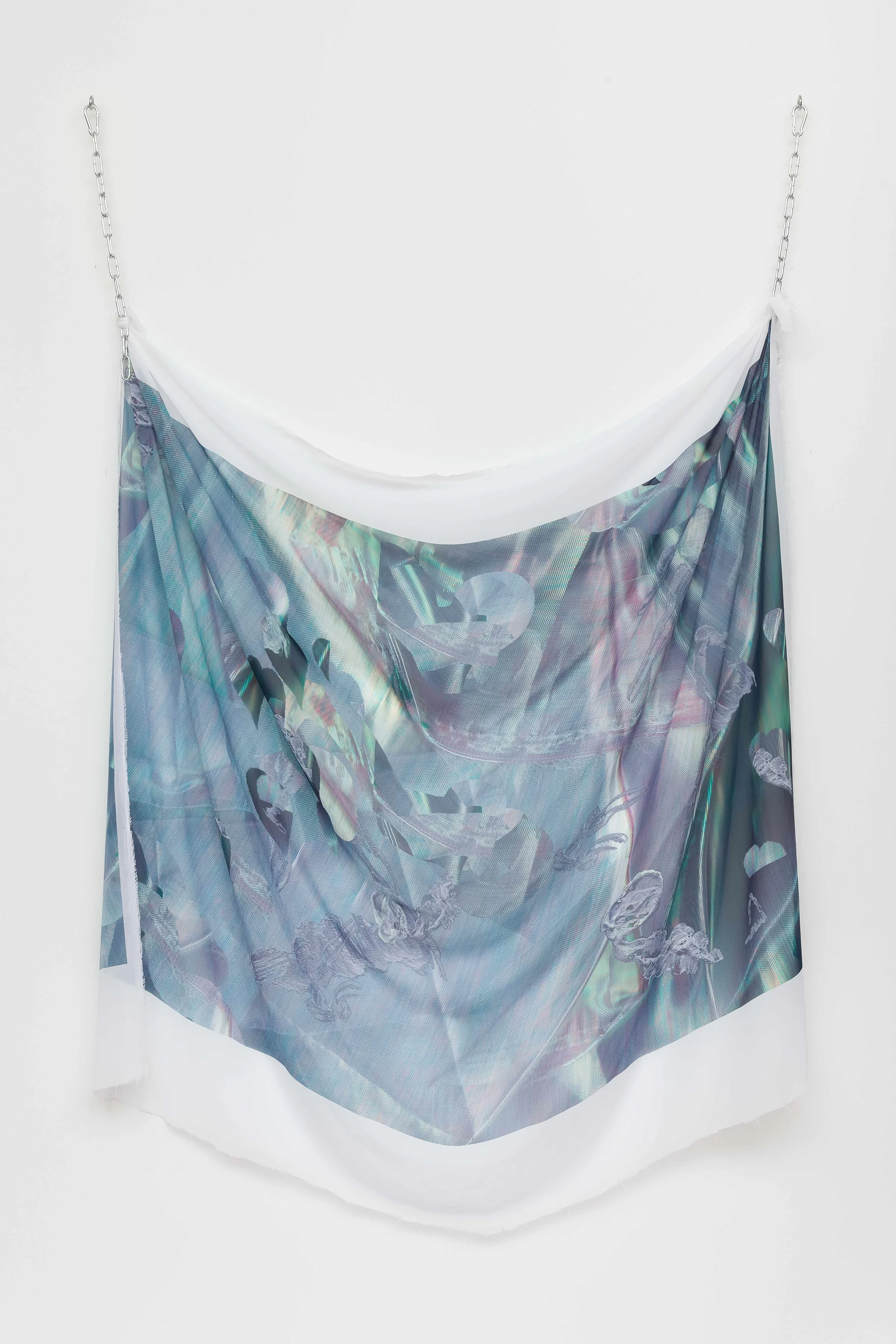 Interference , digital print on chiffon, iridescent paint and metal chains, 160 x 145cm Photo: Docqment Enquire