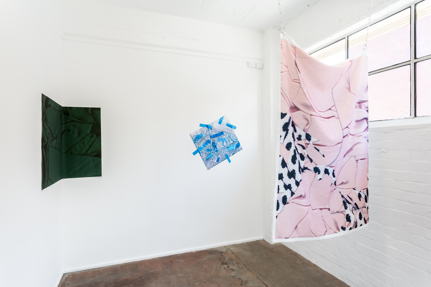  Installation view of exhibition  A Loud Cellophane &nbsp;at Bus Projects, Melbourne 2018  L-R: Moss Forest, Blue Line, Jumper  Photo: Christo Crocker 