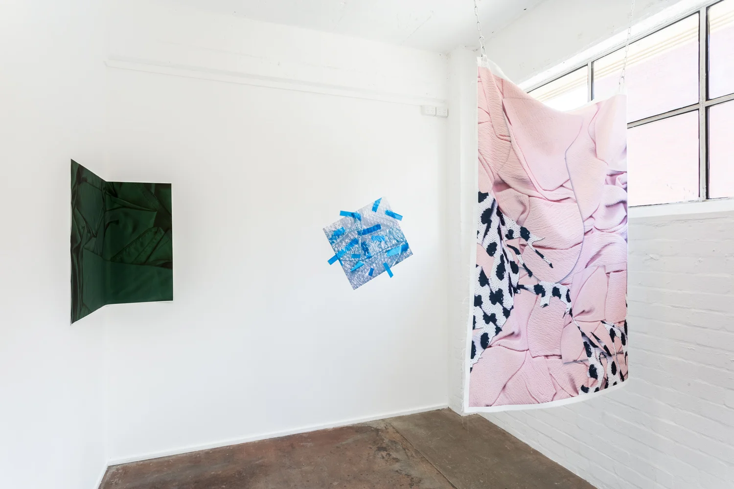 Installation view of exhibition A Loud Cellophane at Bus Projects, Melbourne 2018 L-R: Moss Forest, Blue Line, Jumper Photo: Christo Crocker