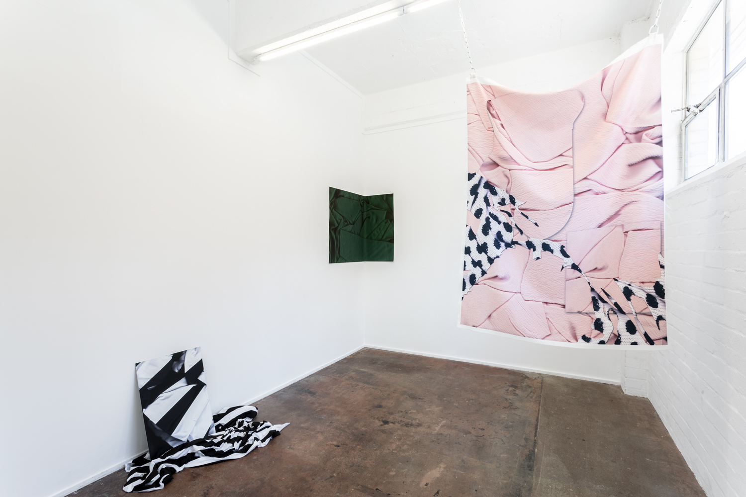  Installation view of exhibition  A Loud Cellophane &nbsp;at Bus Projects, Melbourne 2018  L-R:&nbsp;WB, Moss Forest, Jumper  Photo: Christo Crocker 