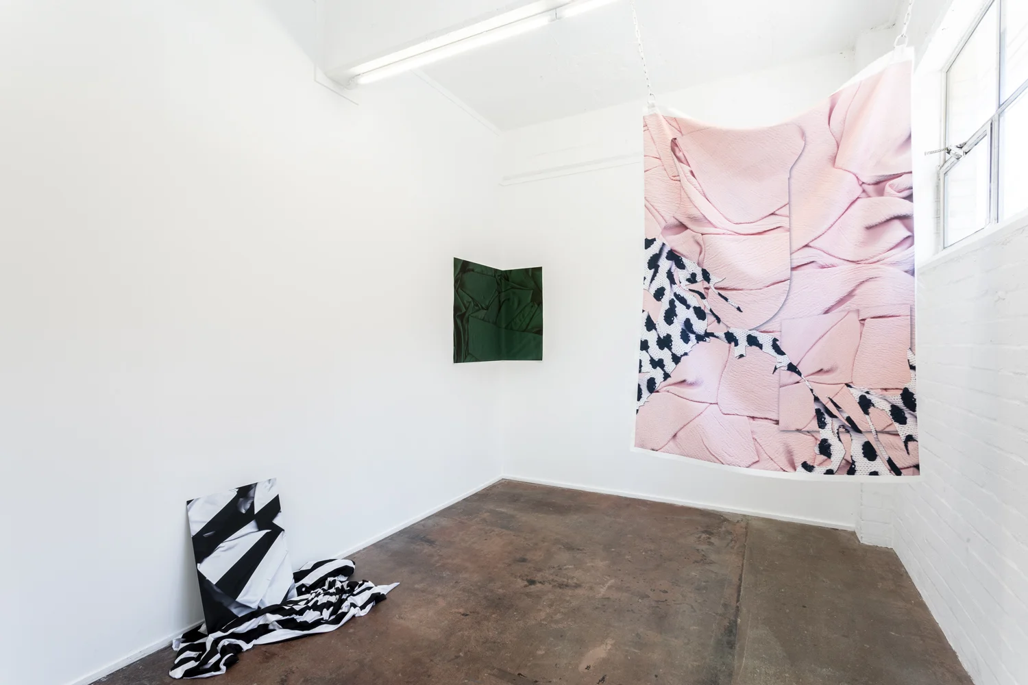 Installation view of exhibition A Loud Cellophane at Bus Projects, Melbourne 2018 L-R: WB, Moss Forest, Jumper Photo: Christo Crocker