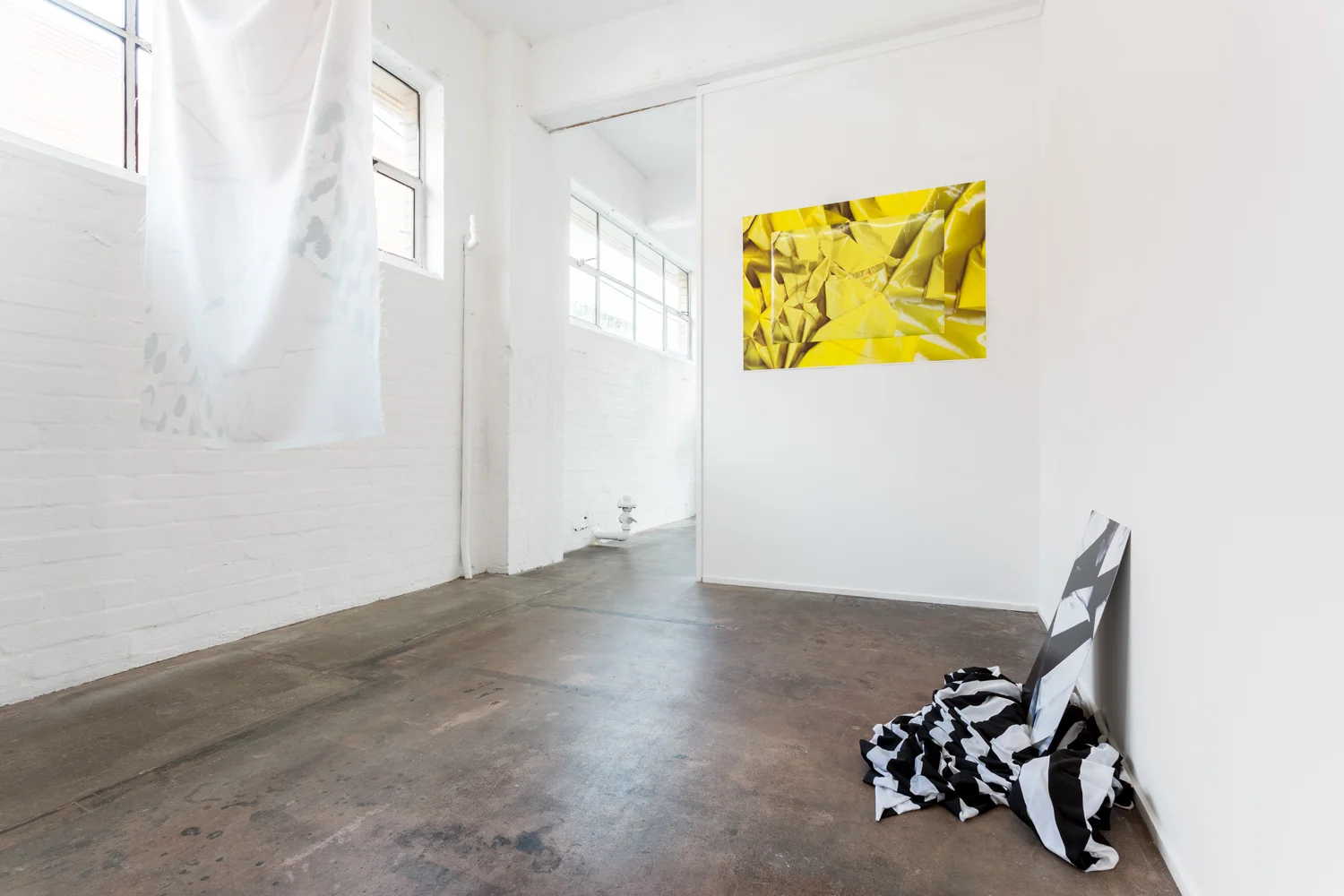 Installation view of exhibition A Loud Cellophane at Bus Projects, Melbourne 2018 L-R: Jumper, A Loud Cellophane, WB Photo: Christo Crocker