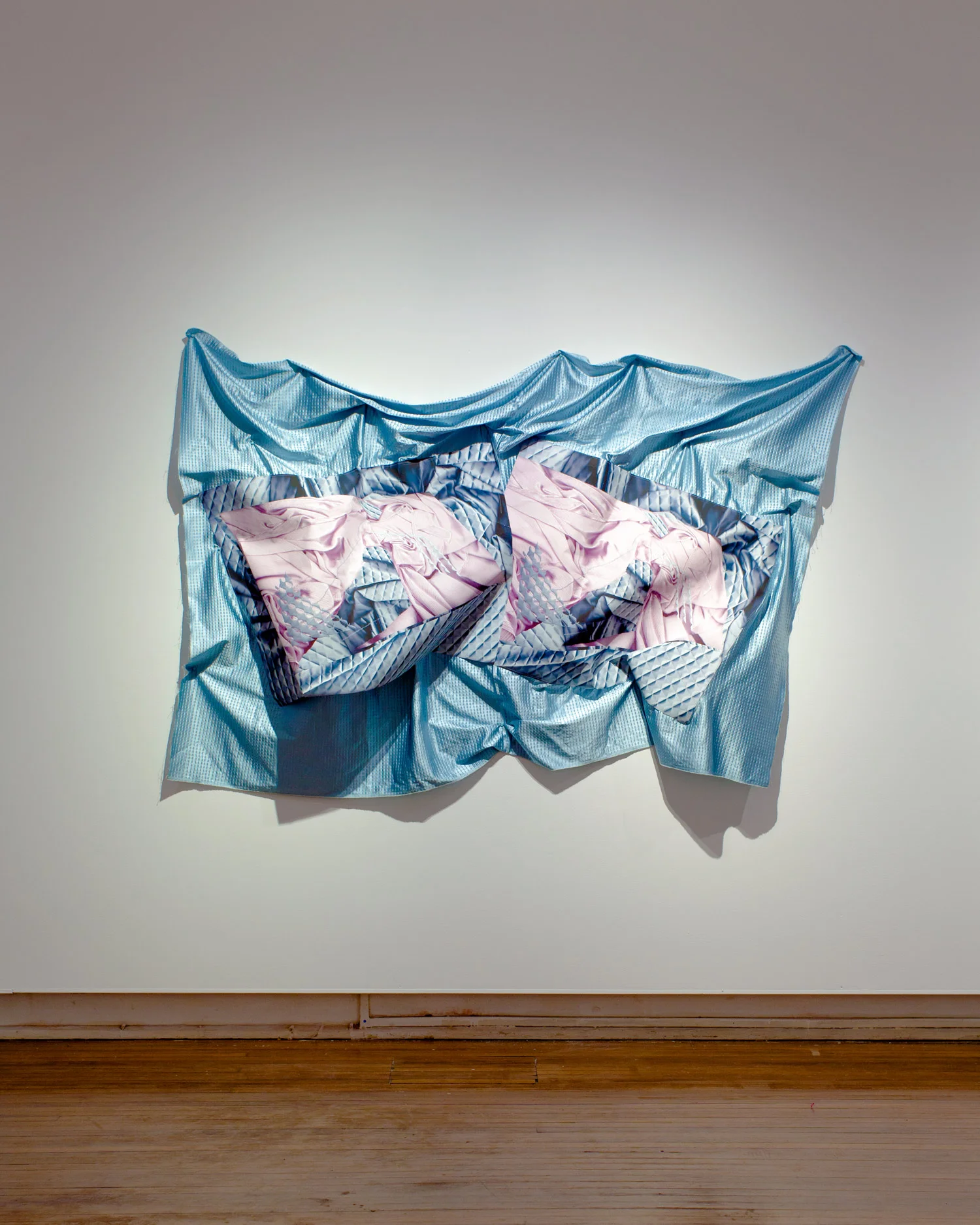 Warp Speed , 2017, inkjet prints on Tyvek, acrylic, clouts, polyester, dimensions variable. Installation view in 'Warp Speed Relief' at Kudos Gallery Photo: Finn Marchant & Nicholas Aloisio-Shearer Enquire