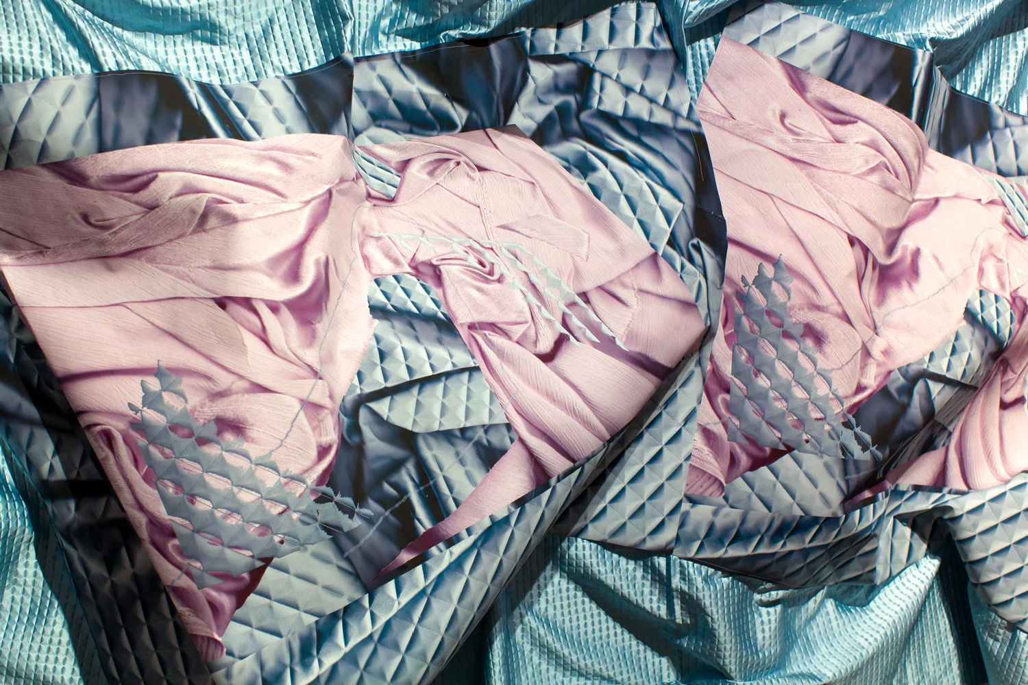 Warp Speed , 2017, inkjet prints on Tyvek, acrylic, clouts, polyester, dimensions variable. Installation view in 'Warp Speed Relief' at Kudos Gallery Photo: Finn Marchant & Nicholas Aloisio-Shearer Enquire