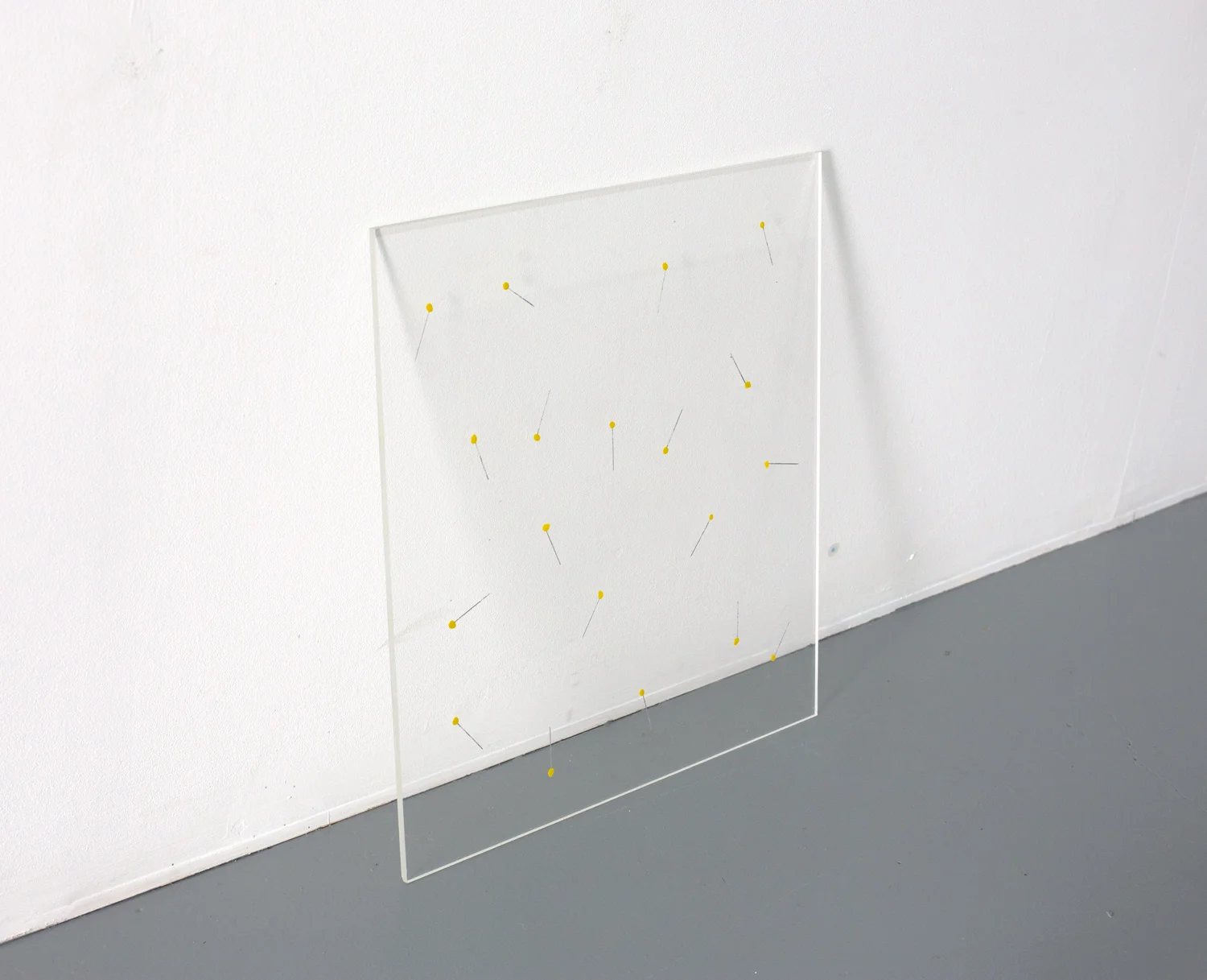 Sewing Room Floor 1 , 2019, acrylic paint and iridescent ink on clear Perspex, 44.5 x 41cm Photo: Xavier Burrow