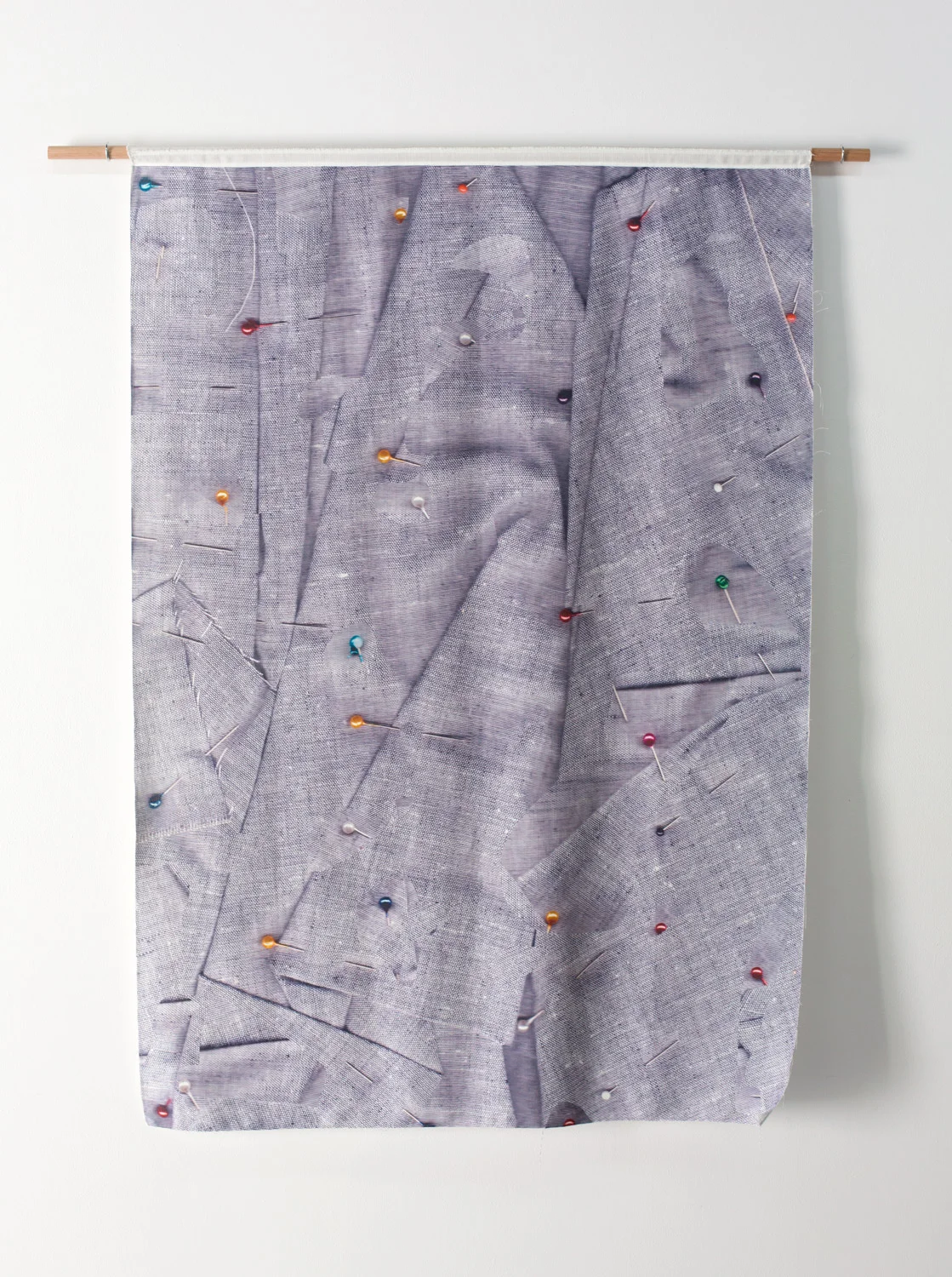 Pinkprick , 2019, digital print on cotton linen, thread, Tasmanian oak dowel, cup hooks, 144 x 119cm Photo: Xavier Burrow