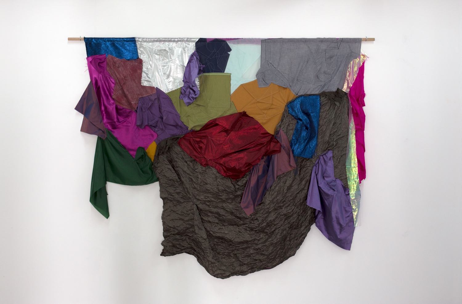   In soft fabric, you bury yourself , 2019, silk, cotton, linen, polyester, thread, Tasmanian oak dowel, cup hooks, 187 x 240cm  Photo: Xavier Burrow 