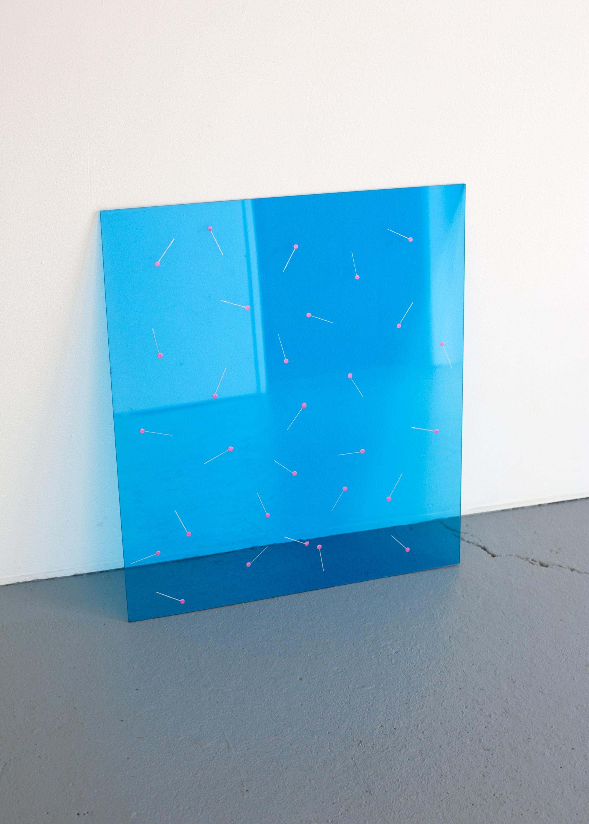   Sewing Room Floor 2 , 2019, acrylic paint and iridescent ink on blue Perspex, 50.5 x 45cm  Photo: Xavier Burrow 
