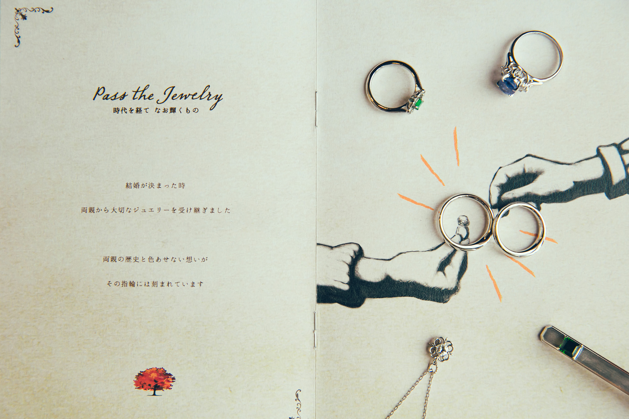 "Pass the baton"というコンセプトの結婚式では、両親や祖父母から受け継いだジュエリーを、参列者用の冊子の中で見つけた"Pass the Jewelry"というページ上に配し、二人だけのオリジナルな一枚を演出した。