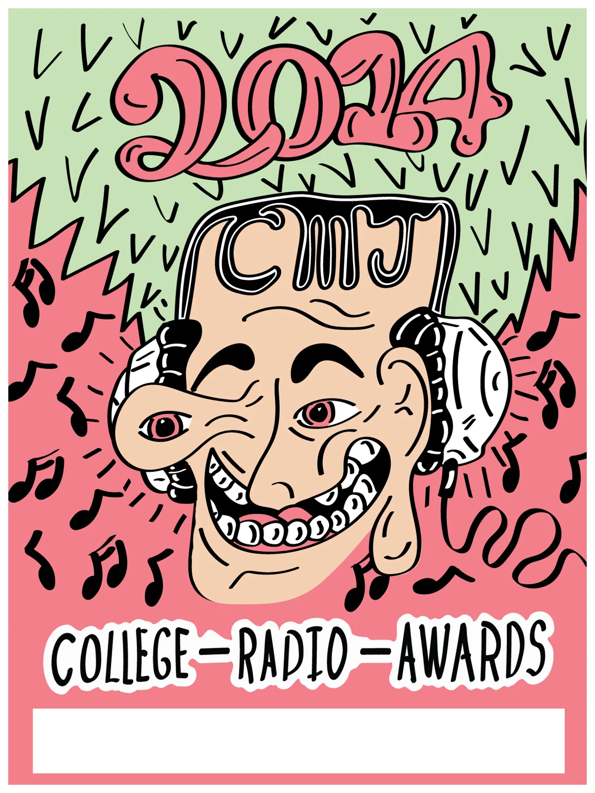 While in my second year of work at CMJ , I was asked to design a screen-printed College Radio Awards poster. Of course I was very excited about the project and decided to push the envelope a bit. I know that the students look forward to these awards and I wanted to make something that really stuck out and was bright and colorful. I decided to go with this psychedelic melting Picasso-like face with massive green hair. I was limited to four colors for the print. Working with that limitation , I chose pink as the background for the poster to keep it eye-catching and bold . After adding in the music notes , I noticed it created a look similar to a watermelon. I was happy with the result and even more happy that this poster was approved. As with any print I produce , I numbered and signed the set of 52 prints.