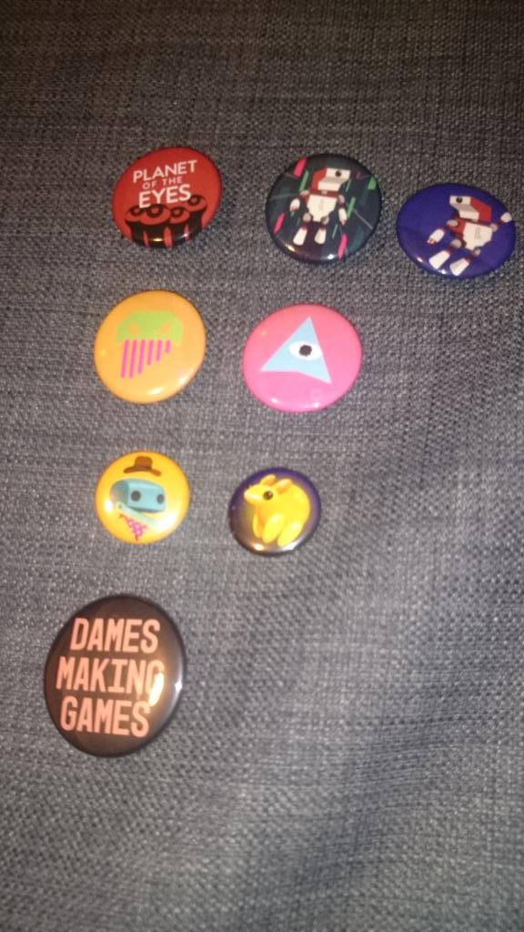 Pins! These pins are from (top to bottom): Planet Of The Eyes , WE ARE DOOMED , GastroBots , Dames Making Games .