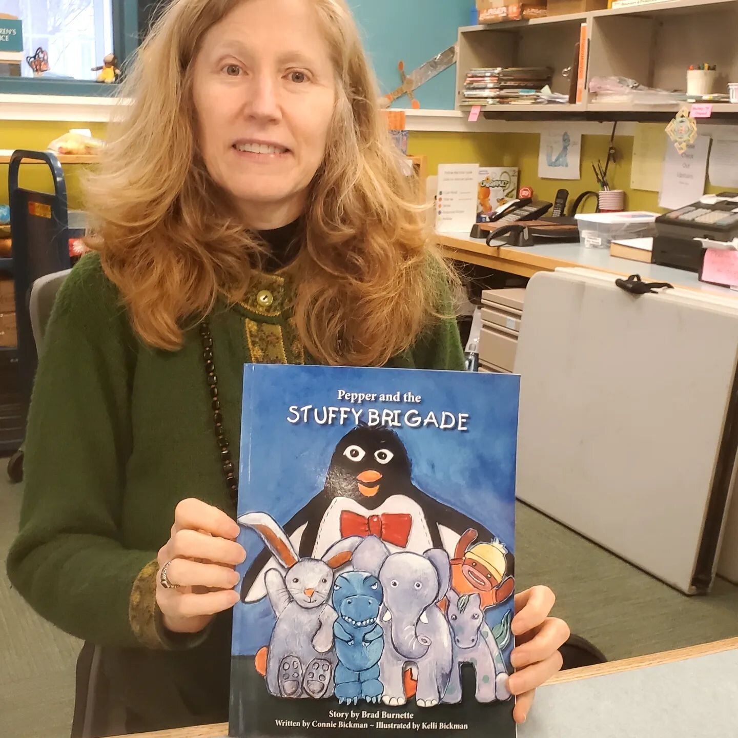 Donated a copy of 'The Stuffy Brigade' to our local library! Here is our wonderful librarian showing it off... Story by Brad Burnette, written by Connie Bickman and illustrated by me. 

You can get your own copy here: Pepper and the Stuffy Brigade ht