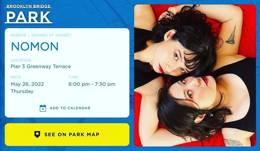 NOMON @nomonmusic will be performing for #SoundsAtSunset series at @brooklynbridgepark on Thursday, May 26 at 6PM! 🥁👯&zwj;♀️ It is a FREE outdoor event and will take place at the Pier 3 Greenway Terrace there. More info and RSVP link in BIO! 
.
.
.